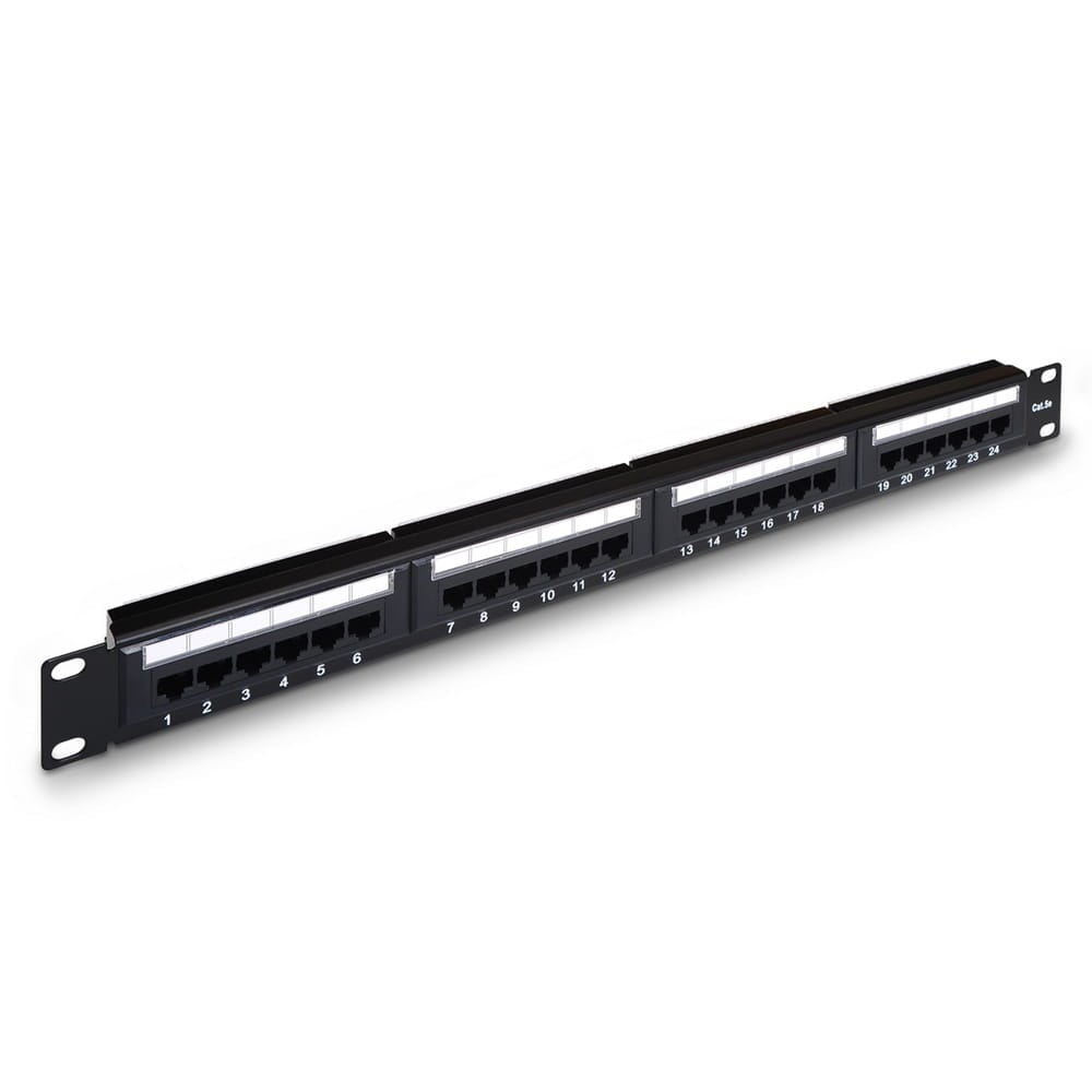 Panel de Parcheo de 24 puertos RJ-45 Cat.5e UTP. 19" 1U. Negro.