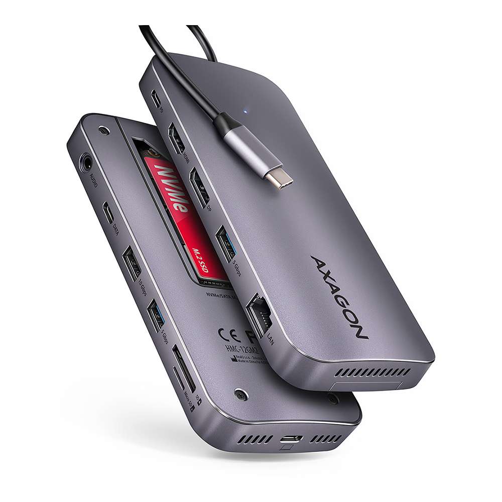 Axagon HMC-12GM2. Dockig USB-C. HDMI. DP. RJ-45. M.2. SD/mSD