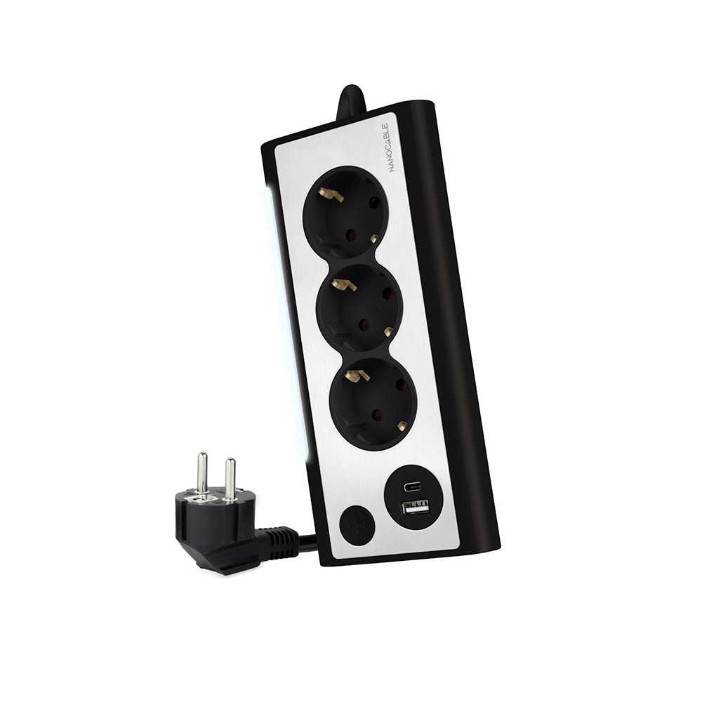 Nanocable 10.37.0013-BK. Regleta de Sobremesa 3 Tomas y 2 USB con Luz. Negra